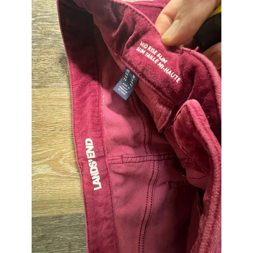 Lands End Velvet Slim Pants Womens 10 Burgundy Good Mid Rise Corduroy Trousers